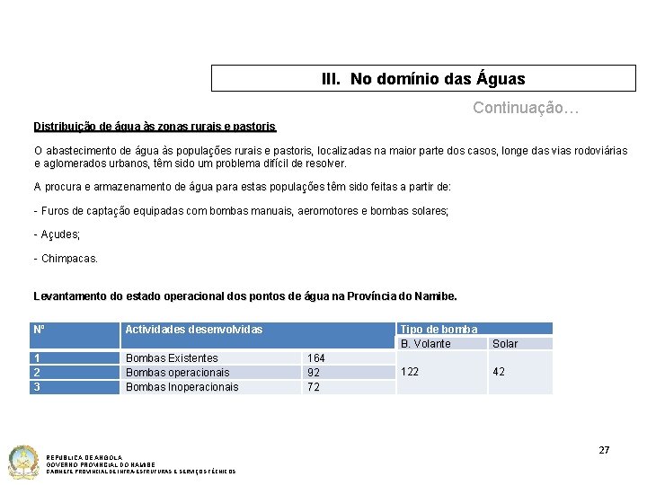 III. No domínio das Águas Continuação… Distribuição de água às zonas rurais e pastoris