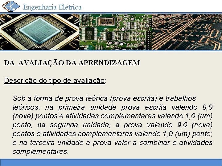 Engenharia Elétrica DA AVALIAÇÃO DA APRENDIZAGEM Descrição do tipo de avaliação: Sob a forma