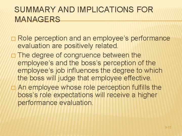 SUMMARY AND IMPLICATIONS FOR MANAGERS Role perception and an employee’s performance evaluation are positively