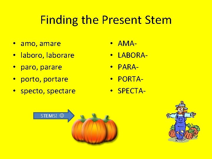 Finding the Present Stem • • • amo, amare laboro, laborare paro, parare porto,