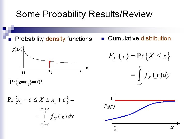 Some Probability Results/Review n Probability density functions n Cumulative distribution f. X(x) 0 x