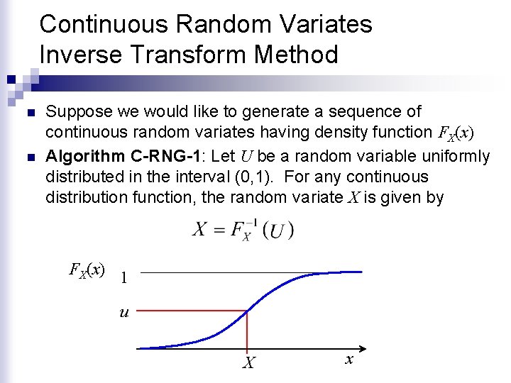 Continuous Random Variates Inverse Transform Method n n Suppose we would like to generate