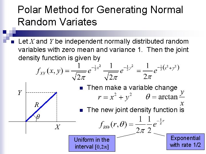 Polar Method for Generating Normal Random Variates n Let X and Y be independent