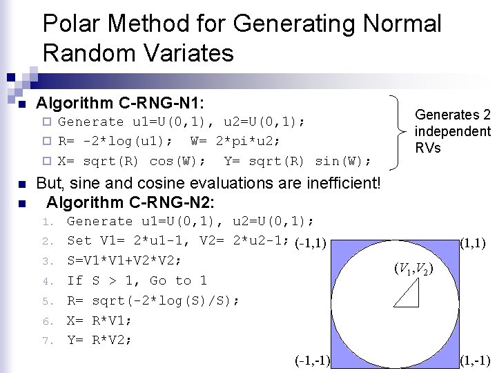 Polar Method for Generating Normal Random Variates n Algorithm C-RNG-N 1: Generate u 1=U(0,