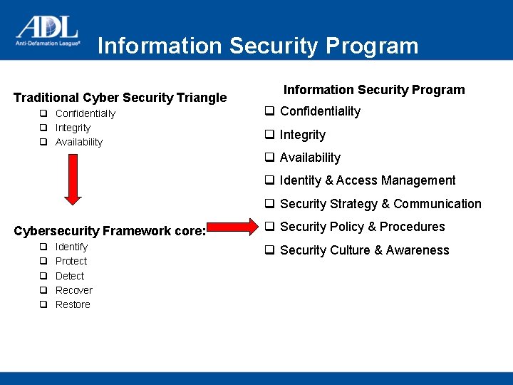 Information Security Program Traditional Cyber Security Triangle q Confidentially q Integrity q Availability Information
