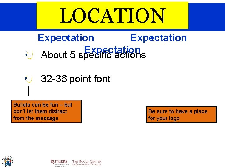 LOCATION Expectation About 5 specific actions 32 -36 point font Bullets can be fun