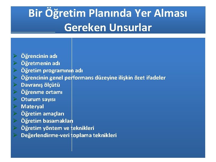 Bir Öğretim Planında Yer Alması Gereken Unsurlar Ø Ø Ø Öğrencinin adı Öğretmenin adı