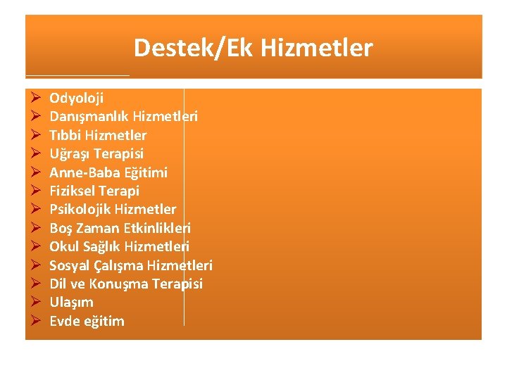 Destek/Ek Hizmetler Ø Ø Ø Ø Odyoloji Danışmanlık Hizmetleri Tıbbi Hizmetler Uğraşı Terapisi Anne-Baba