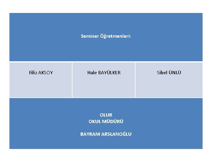 Seminer Öğretmenleri: Filiz AKSOY Hale BAYÜLKER OLUR OKUL MÜDÜRÜ BAYRAM ARSLANOĞLU Sibel ÜNLÜ 