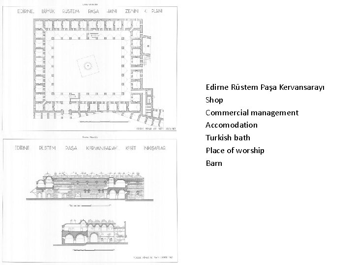 Edirne Rüstem Paşa Kervansarayı Shop Commercial management Accomodation Turkish bath Place of worship Barn Edirne Rüstem Paşa Kervansarayı Shop Commercial management Accomodation Turkish bath Place of worship Barn