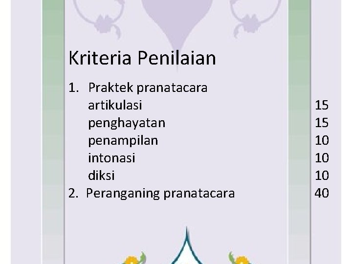 Kriteria Penilaian 1. Praktek pranatacara artikulasi penghayatan penampilan intonasi diksi 2. Peranganing pranatacara 15