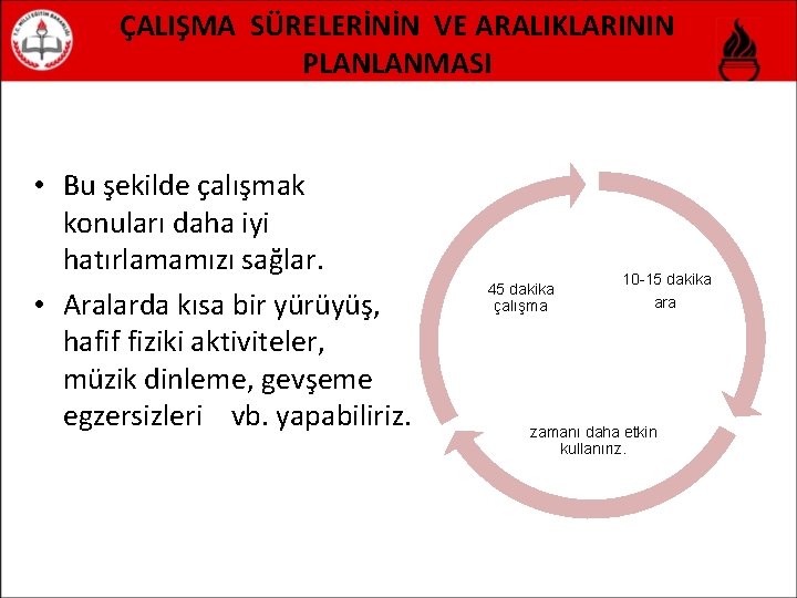 ÇALIŞMA SÜRELERİNİN VE ARALIKLARININ PLANLANMASI • Bu şekilde çalışmak konuları daha iyi hatırlamamızı sağlar.