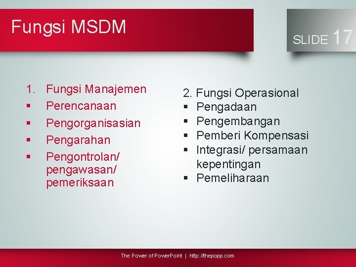 Fungsi MSDM 1. § § Fungsi Manajemen Perencanaan Pengorganisasian Pengarahan Pengontrolan/ pengawasan/ pemeriksaan SLIDE