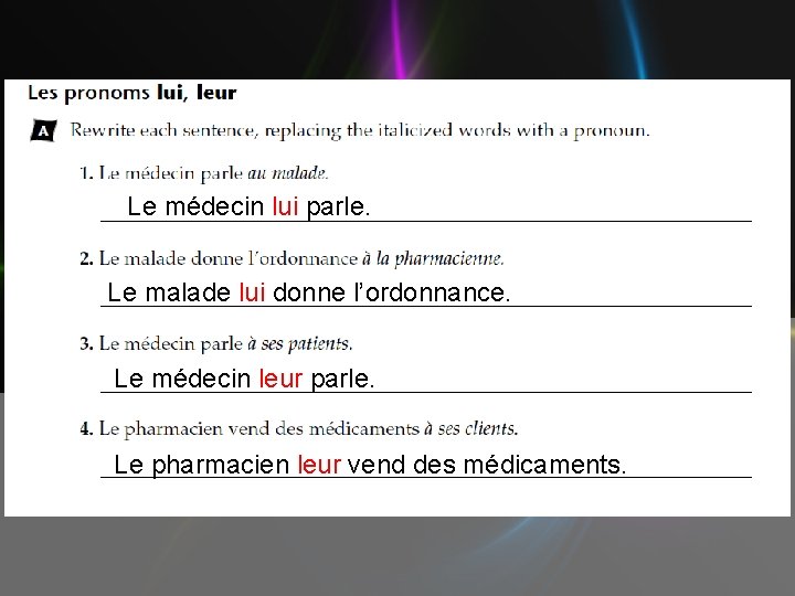 Le médecin lui parle. Le malade lui donne l’ordonnance. Le médecin leur parle. Le