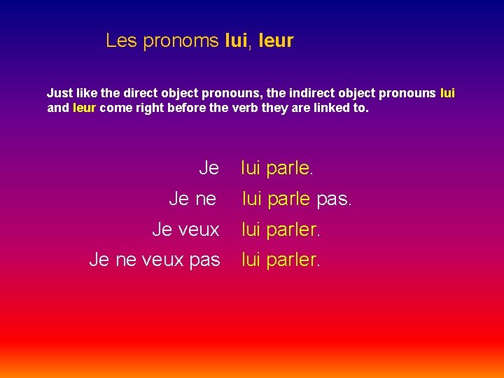 Les pronoms lui, leur Just like the direct object pronouns, the indirect object pronouns