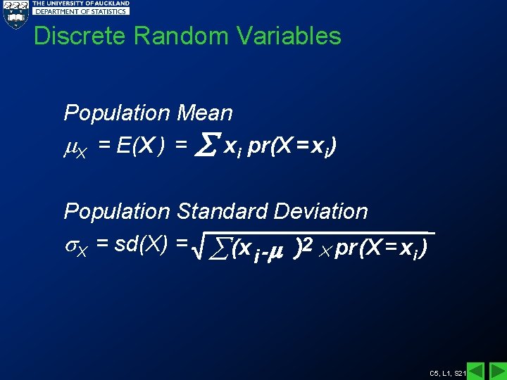 Discrete Random Variables Population Mean X = E(X ) = xi pr(X = xi