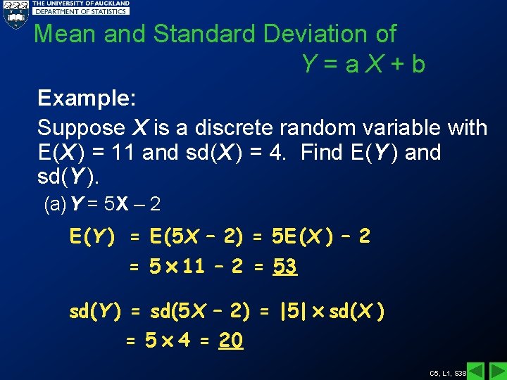 Mean and Standard Deviation of Y=a. X+b Example: Suppose X is a discrete random