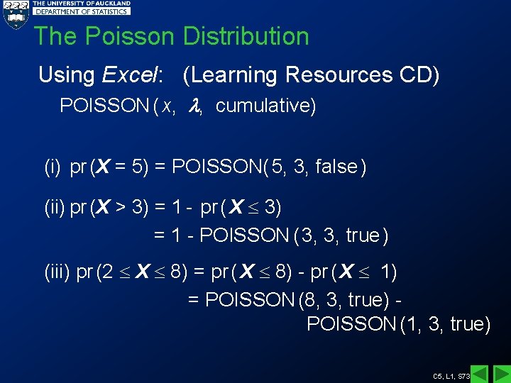 The Poisson Distribution Using Excel: (Learning Resources CD) POISSON ( x, , cumulative) (i)
