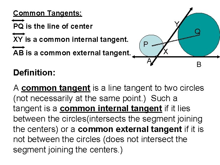 Common Tangents: Y PQ is the line of center XY is a common internal