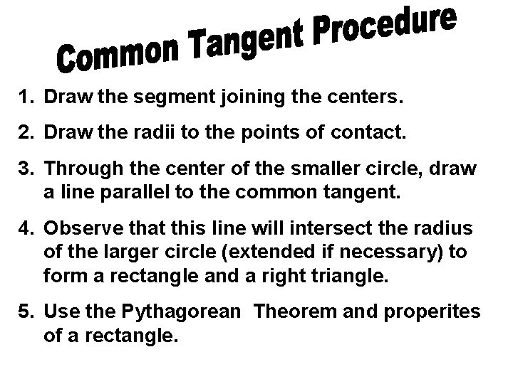 1. Draw the segment joining the centers. 2. Draw the radii to the points