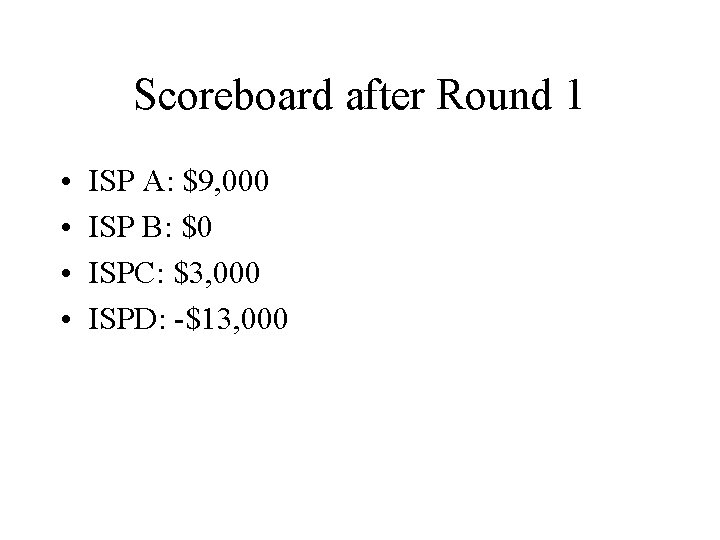 Scoreboard after Round 1 • • ISP A: $9, 000 ISP B: $0 ISPC: