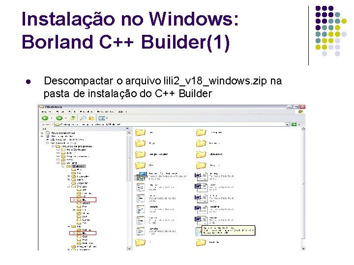 Instalação no Windows: Borland C++ Builder(1) l Descompactar o arquivo lili 2_v 18_windows. zip