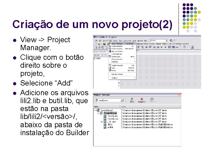 Criação de um novo projeto(2) l l View -> Project Manager. Clique com o