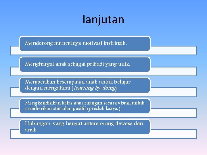 lanjutan Mendorong munculnya motivasi instrinsik. Menghargai anak sebagai pribadi yang unik. Memberikan kesempatan anak