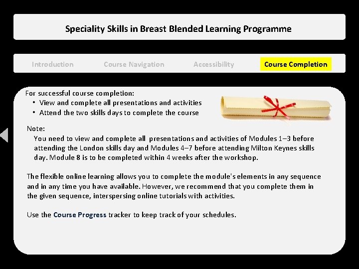 Speciality Skills in Breast Blended Learning Programme Introduction Course Navigation Accessibility Course Completion For