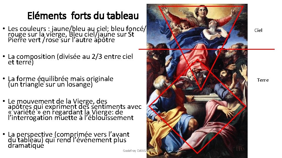 Eléments forts du tableau • Les couleurs : jaune/bleu au ciel; bleu foncé/ rouge