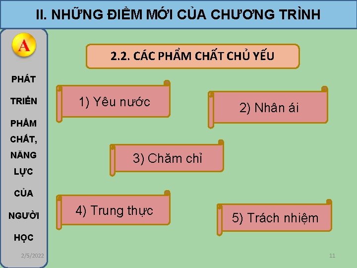 II. NHỮNG ĐIỂM MỚI CỦA CHƯƠNG TRÌNH 2. 2. CÁC PHẨM CHẤT CHỦ YẾU