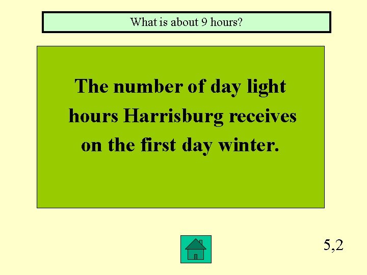 What is about 9 hours? The number of day light hours Harrisburg receives on