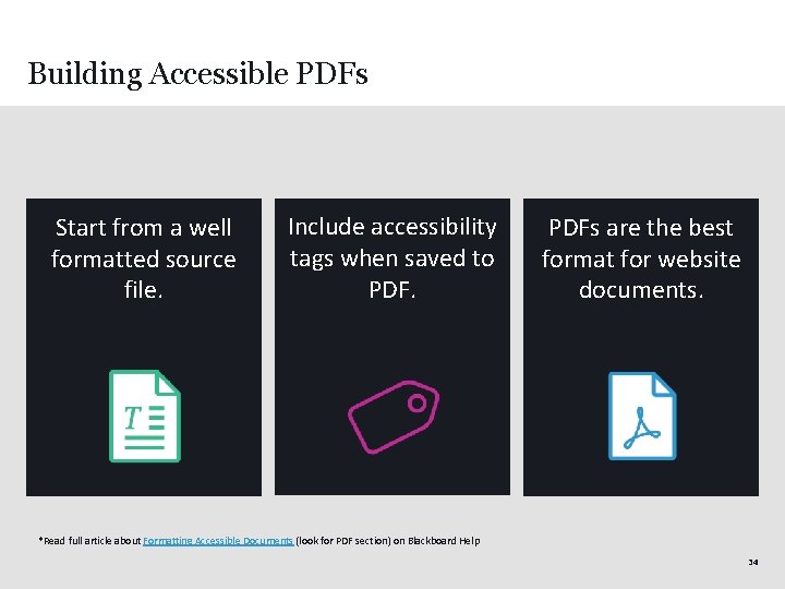 Building Accessible PDFs Start from a well formatted source file. Include accessibility tags when