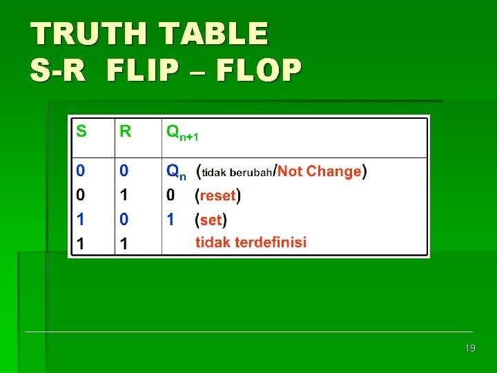 TRUTH TABLE S-R FLIP – FLOP 19 