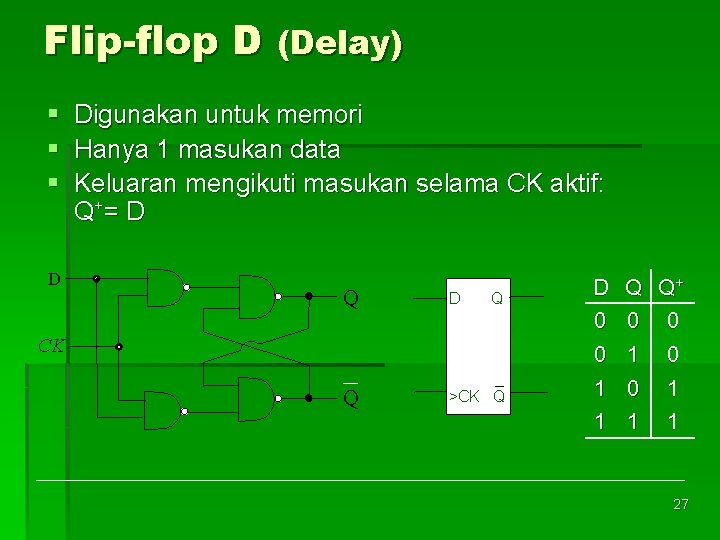 Flip-flop D (Delay) § § § D Digunakan untuk memori Hanya 1 masukan data