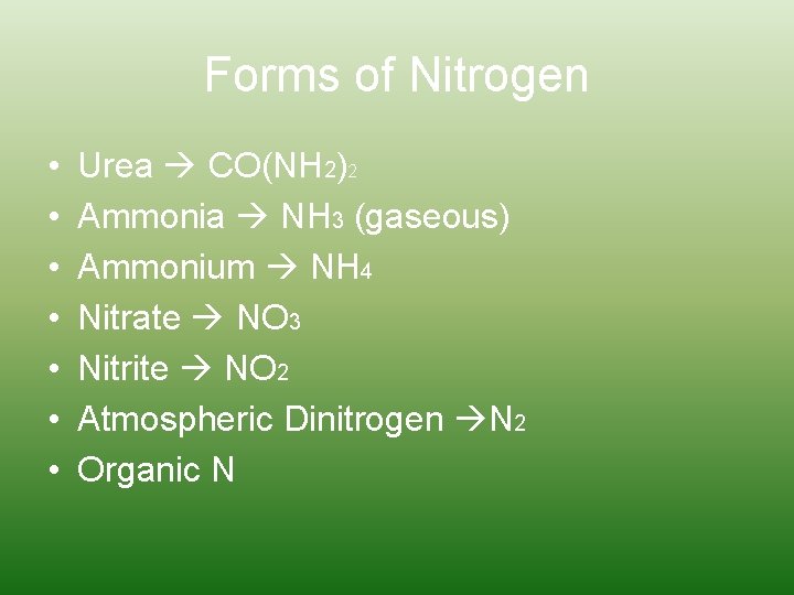 Forms of Nitrogen • • Urea CO(NH 2)2 Ammonia NH 3 (gaseous) Ammonium NH Forms of Nitrogen • • Urea CO(NH 2)2 Ammonia NH 3 (gaseous) Ammonium NH