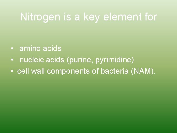 Nitrogen is a key element for • amino acids • nucleic acids (purine, pyrimidine) Nitrogen is a key element for • amino acids • nucleic acids (purine, pyrimidine)