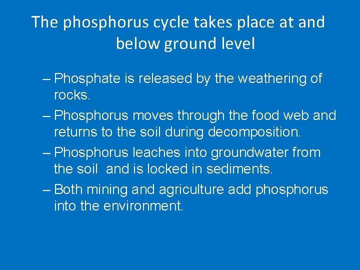 The phosphorus cycle takes place at and below ground level – Phosphate is released The phosphorus cycle takes place at and below ground level – Phosphate is released