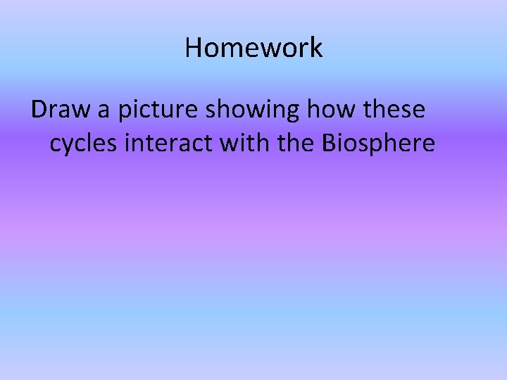 Homework Draw a picture showing how these cycles interact with the Biosphere  Homework Draw a picture showing how these cycles interact with the Biosphere