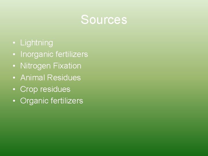 Sources • • • Lightning Inorganic fertilizers Nitrogen Fixation Animal Residues Crop residues Organic Sources • • • Lightning Inorganic fertilizers Nitrogen Fixation Animal Residues Crop residues Organic