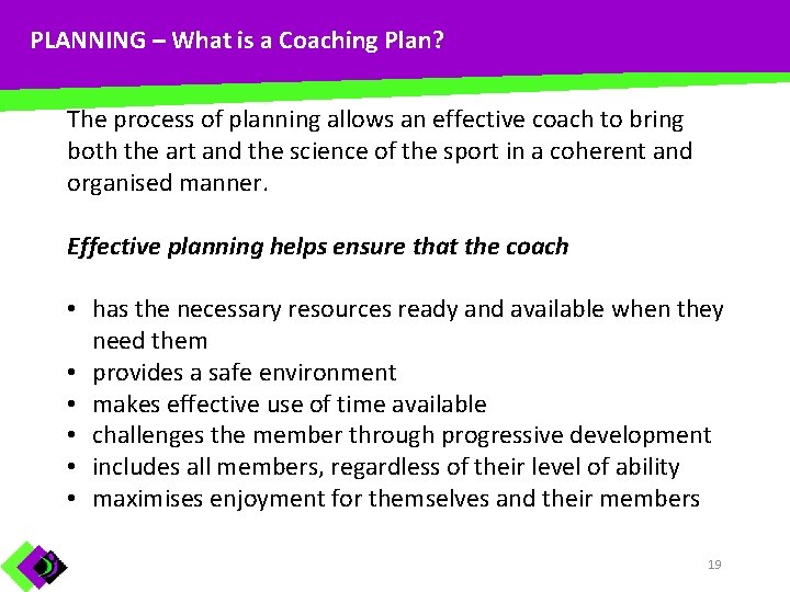 COACHING –PLANNING Developing PLANNING What is a –Coaching Plan? a Coaching Plan The process