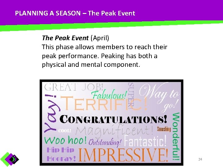 PLANNING A SEASON – The Peak Event (April) This phase allows members to reach