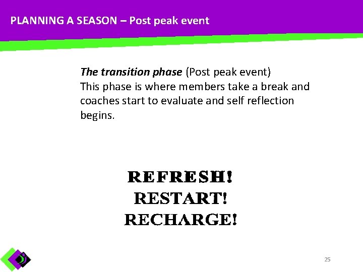 PLANNING A SEASON – Post peak event The transition phase (Post peak event) This