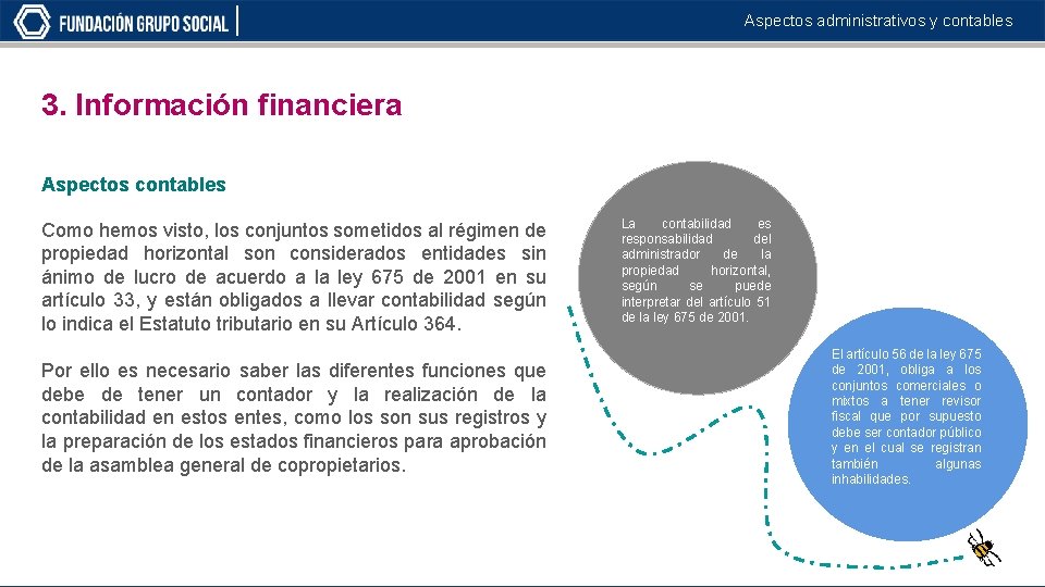 Aspectos administrativos y contables 3. Información financiera Aspectos contables Como hemos visto, los conjuntos