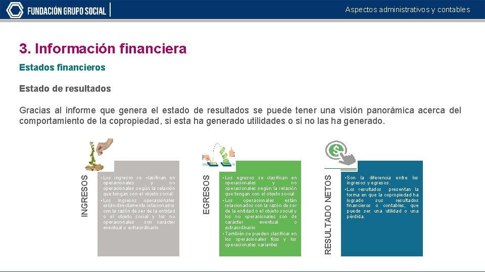 Aspectos administrativos y contables 3. Información financiera Estados financieros Estado de resultados • Los