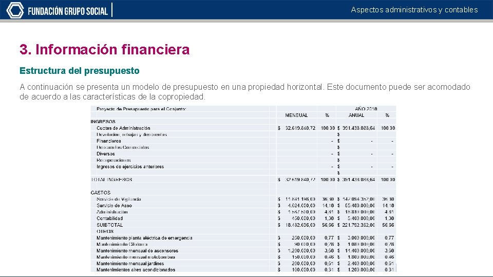 Aspectos administrativos y contables 3. Información financiera Estructura del presupuesto A continuación se presenta