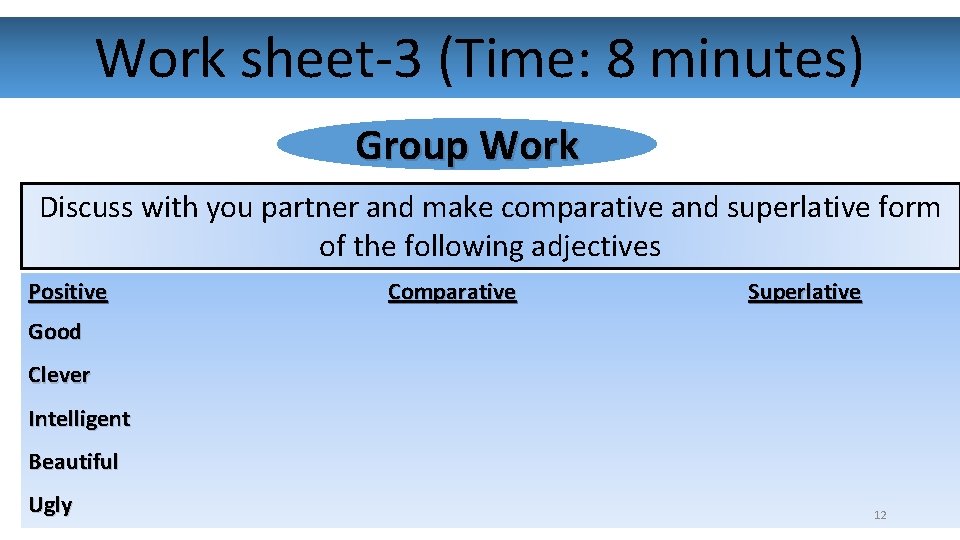 Work sheet-3 (Time: 8 minutes) Group Work Discuss with you partner and make comparative