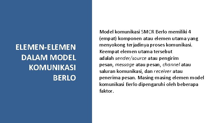 ELEMEN-ELEMEN DALAM MODEL KOMUNIKASI BERLO Model komunikasi SMCR Berlo memiliki 4 (empat) komponen atau