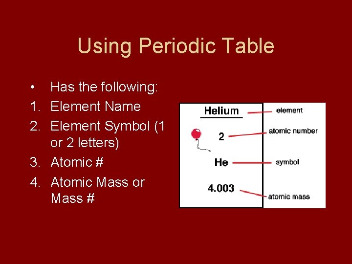 Using Periodic Table • Has the following: 1. Element Name 2. Element Symbol (1