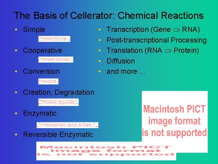 The Basis of Cellerator: Chemical Reactions • Simple • Cooperative • Conversion • Creation,